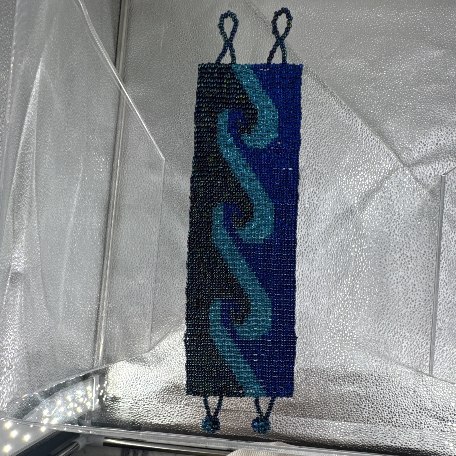 Handmade Beaded Cuff Bracelet Blue Black Teal Wave Design Glass Beads 7 in