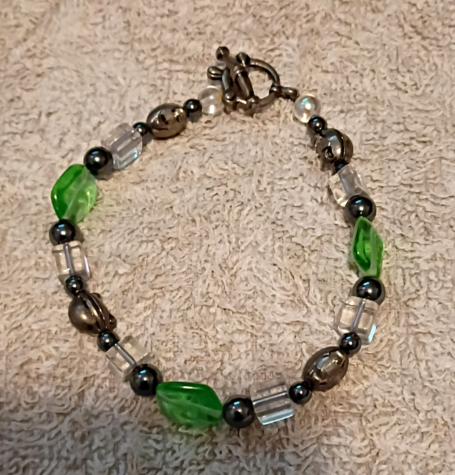 Beaded Bracelet Green Clear Black Gray Glass Oval Beads Toggle Clasp