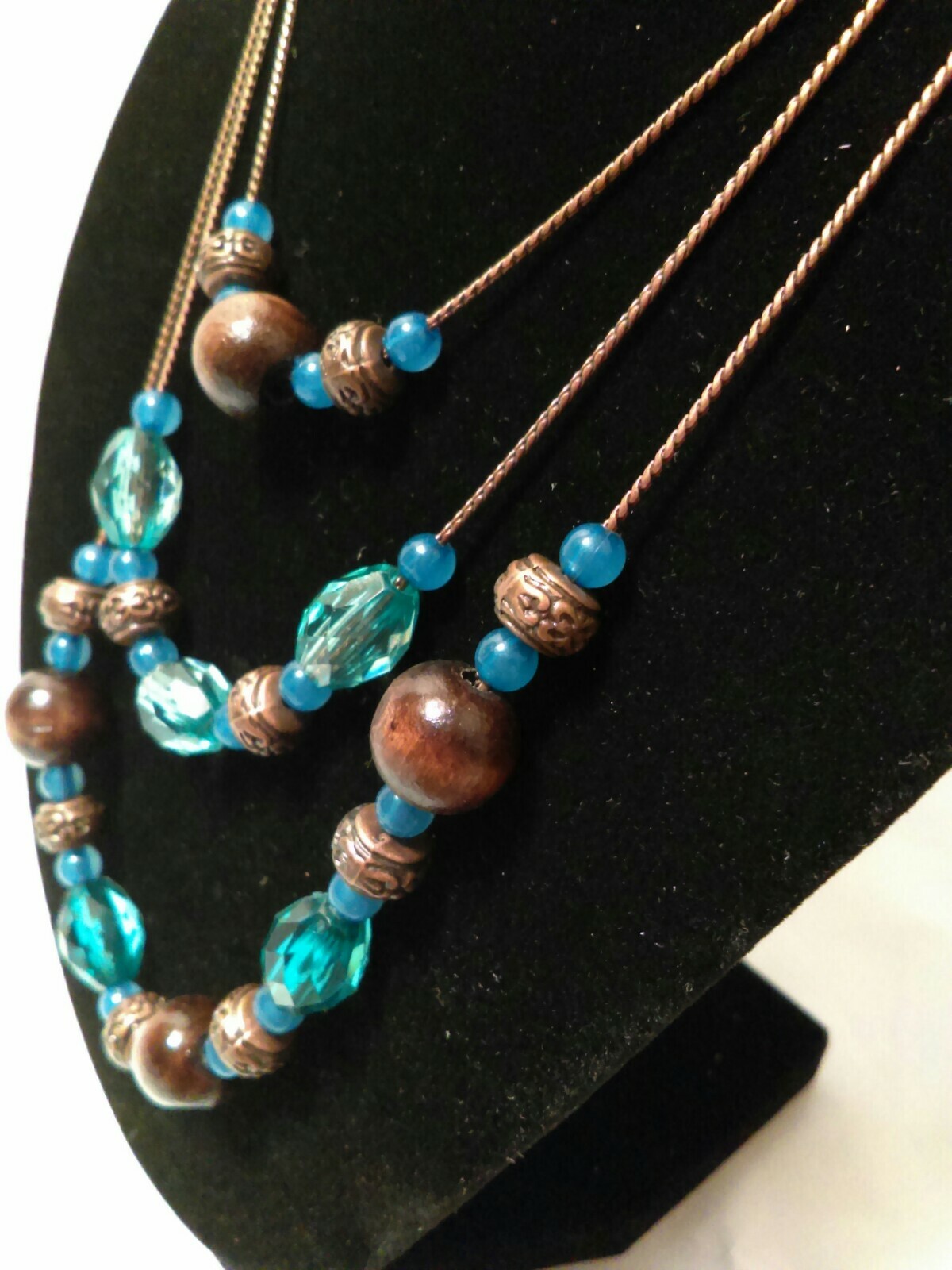3 strand Drop Mixed Elements Beads Blue and Brown Cool Colors 20″ Necklace. wj2