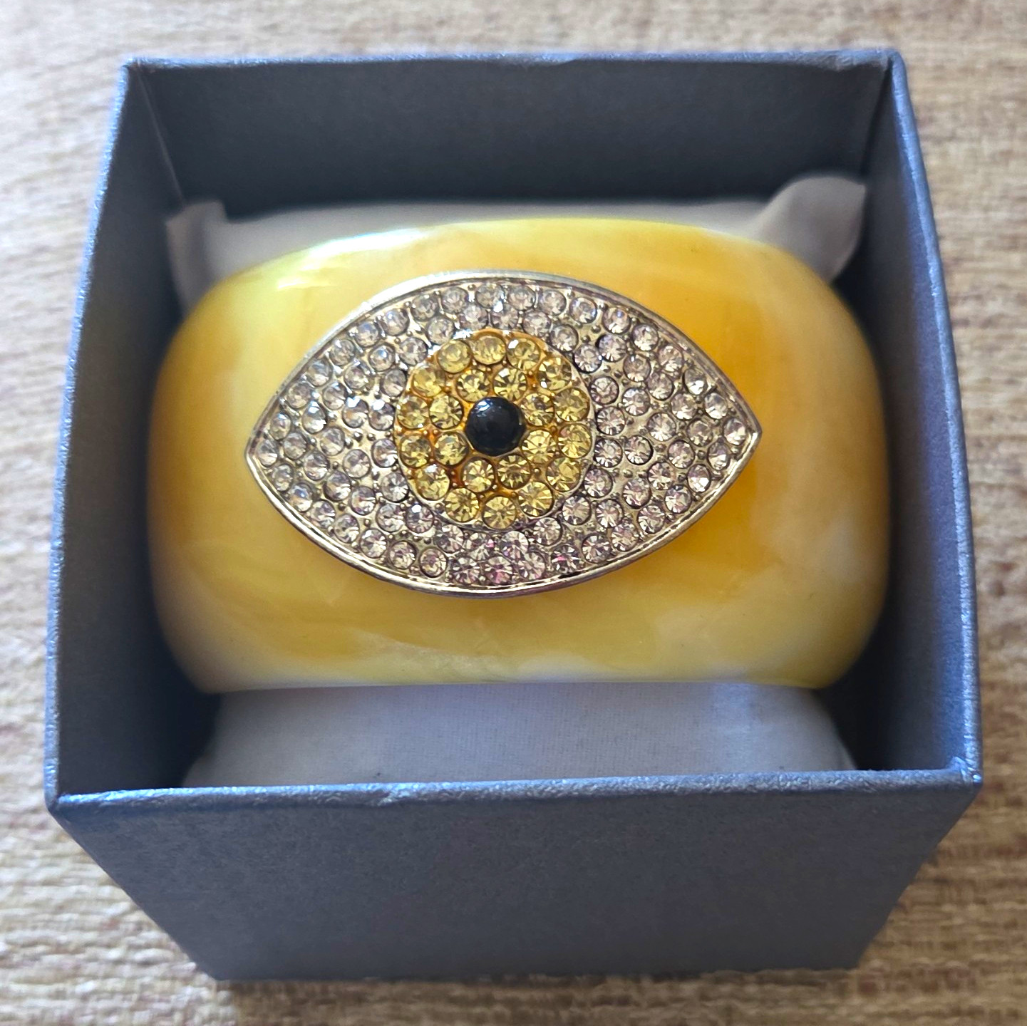 Yellow Resin Hinged Cuff Bangle Bracelet with Pavé Rhinestone Evil Eye