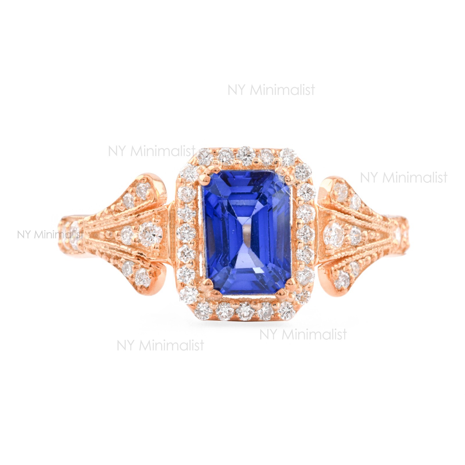 14K Solid Gold Natural Emerald Cut Diffused Blue Sapphire & Diamond Halo Ring