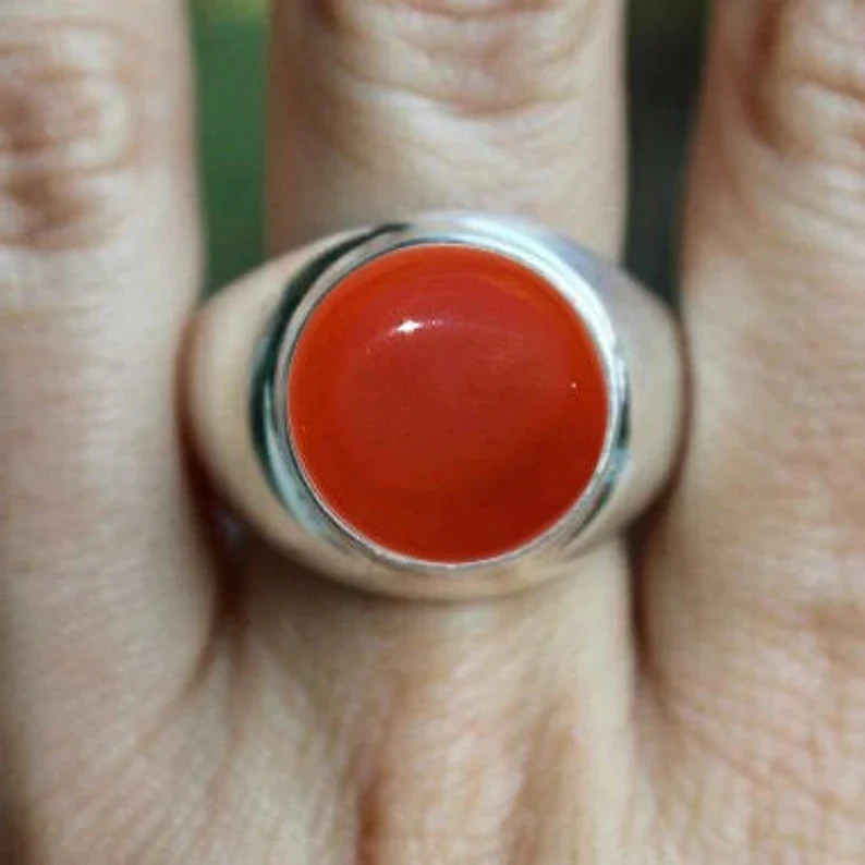 Solid 925 Sterling Silver Natural Red Carnelian Round Gemstone Men’s Unisex Ring
