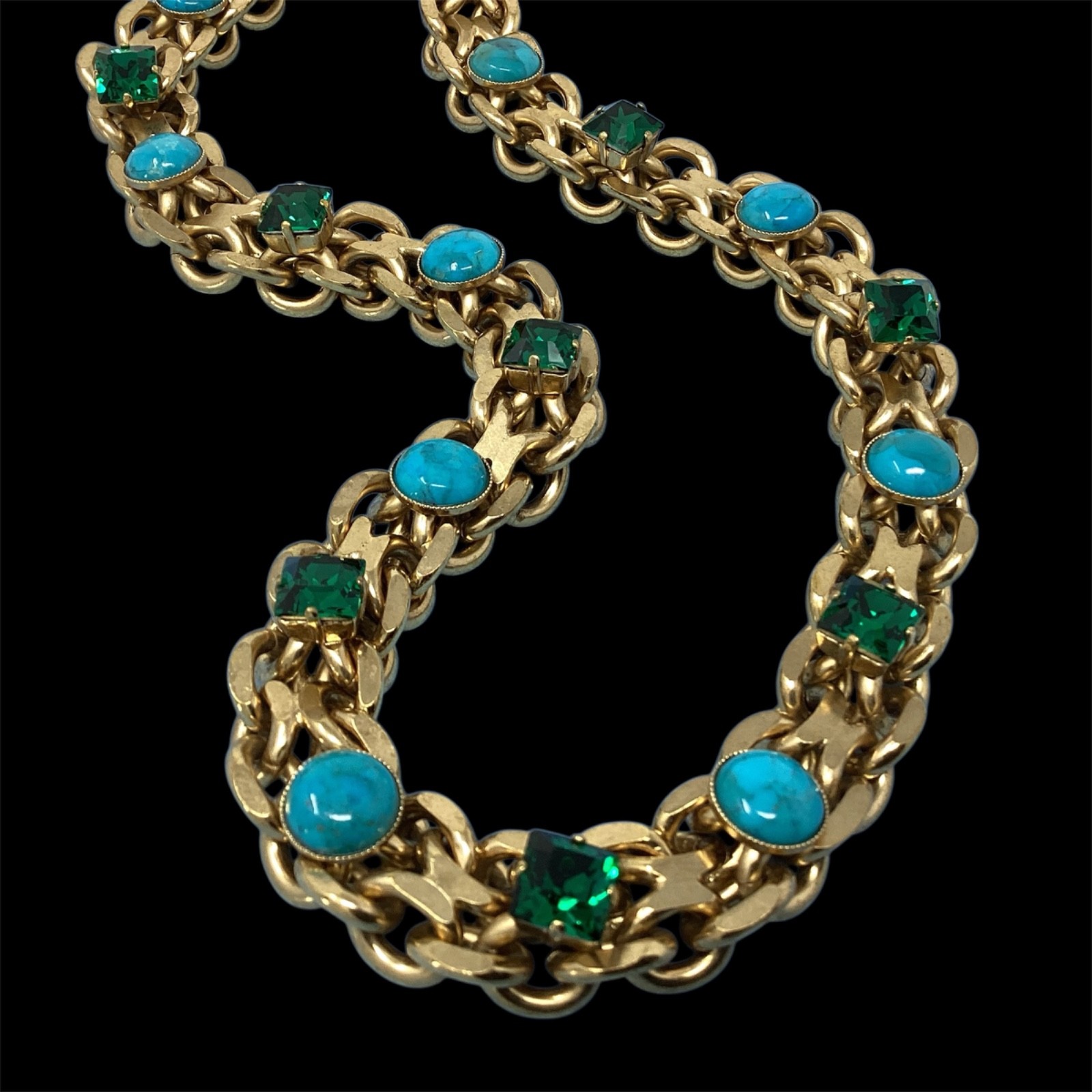 Lanvin Necklace 16″ Turquoise & Emerald Green Ribbon Statement Gold-Tone Short