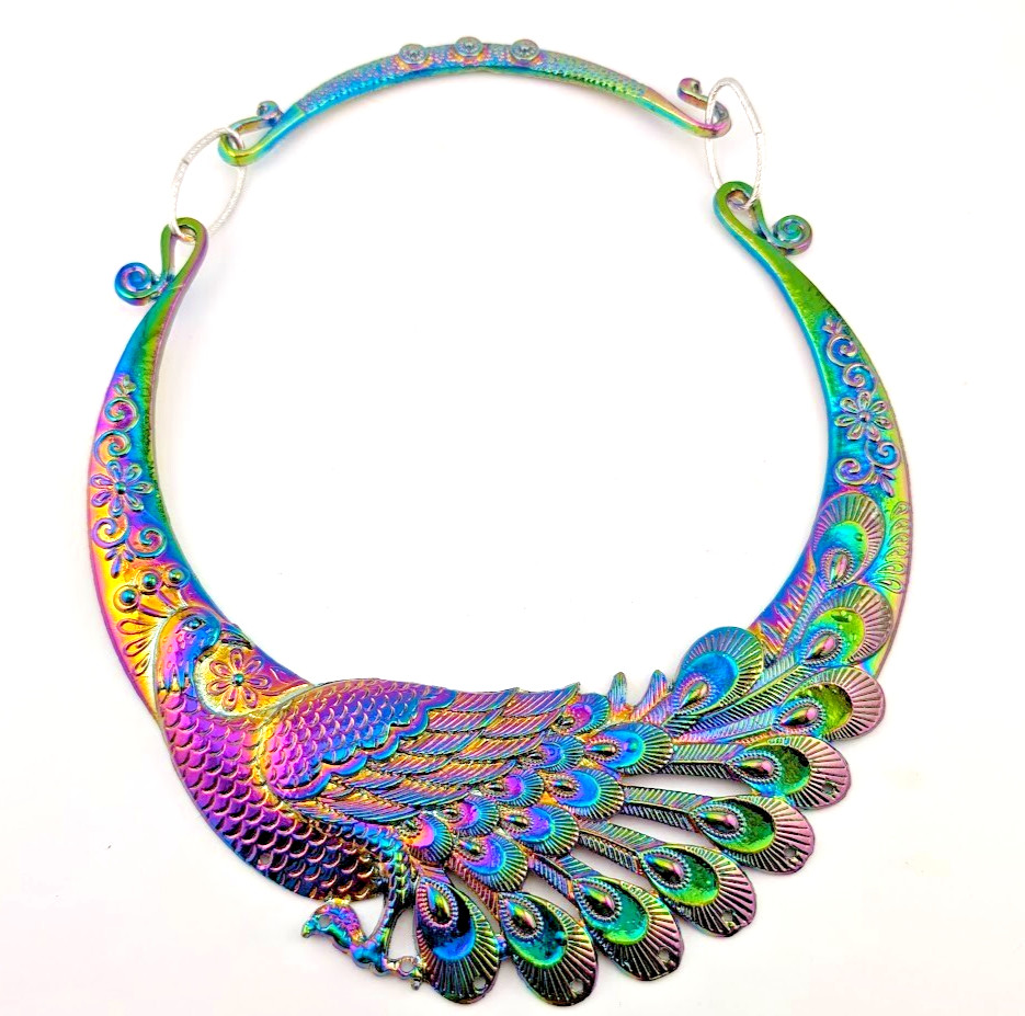 RAINBOW METAL PHOENIX CHOKER Asian Chinese 90s peacock hmong collar necklace Y4