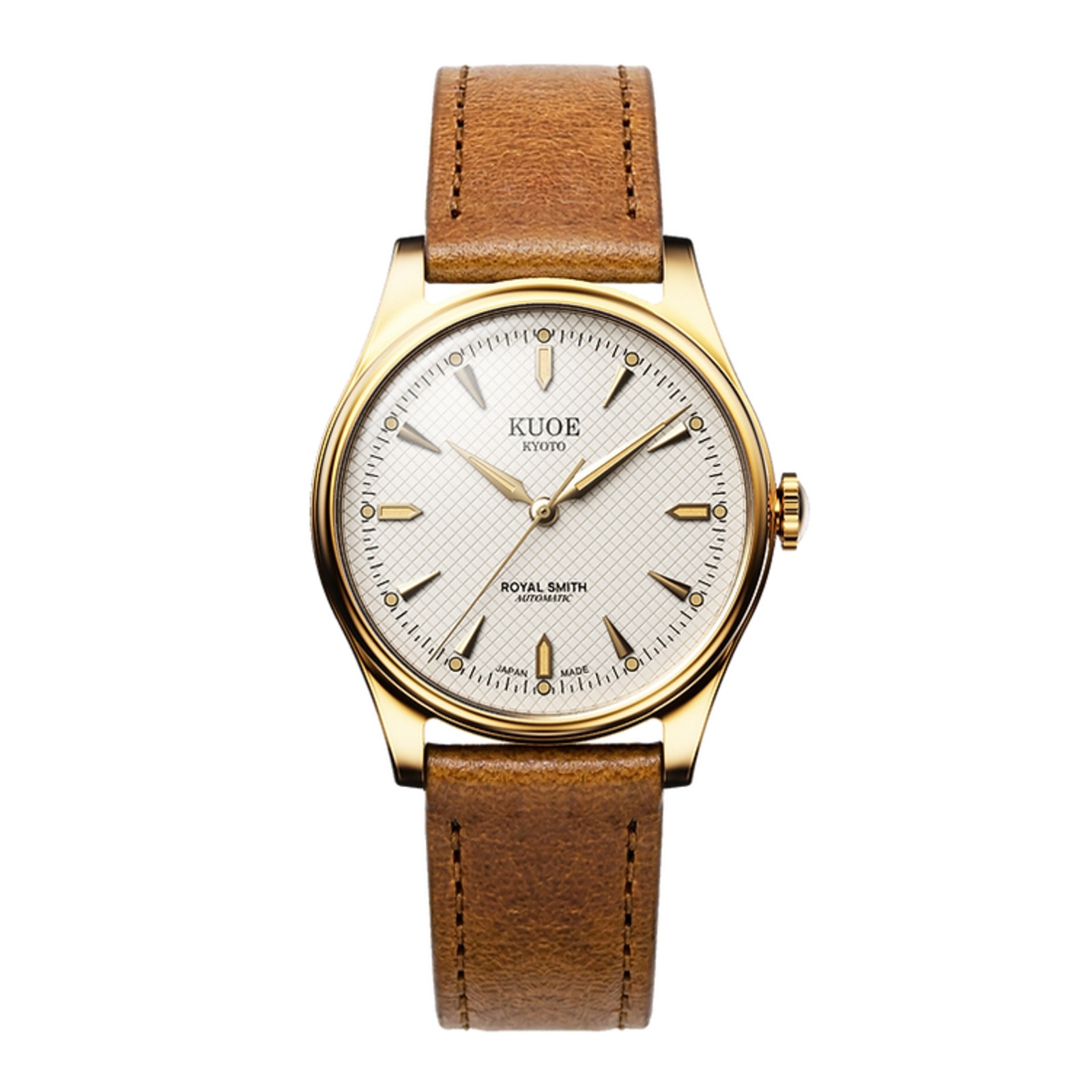 Kuoe Royal Smith 90-006 Automatic Gold Watch Men Ivory Waffle Dial Tan Strap