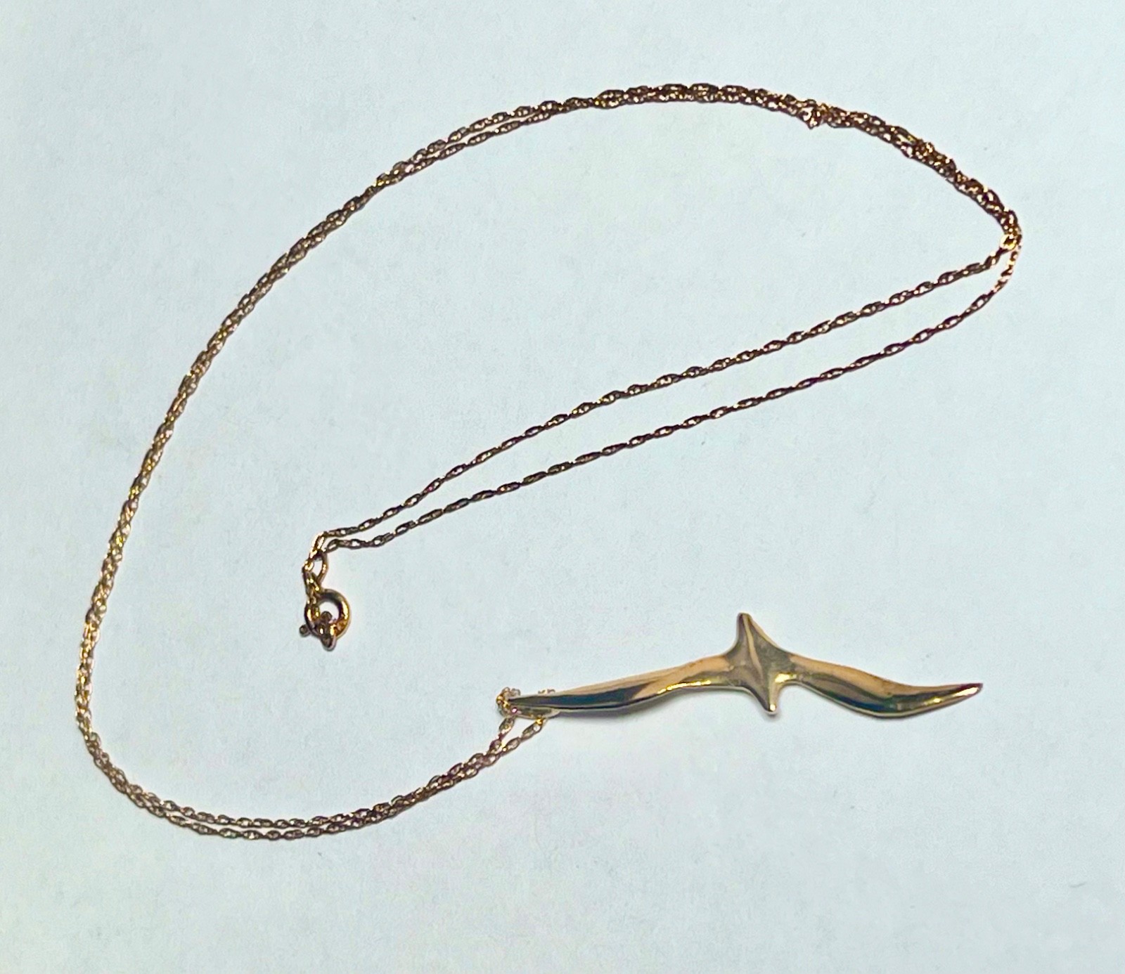 14K Solid Gold Seagull In Flight 40mm x 10mm Pendant Charm 16 inch Necklace