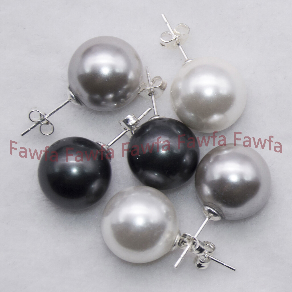3 Pairs 8/10/12/14mm White Gray Black Round Shell Pearl Silver Stud Earrings