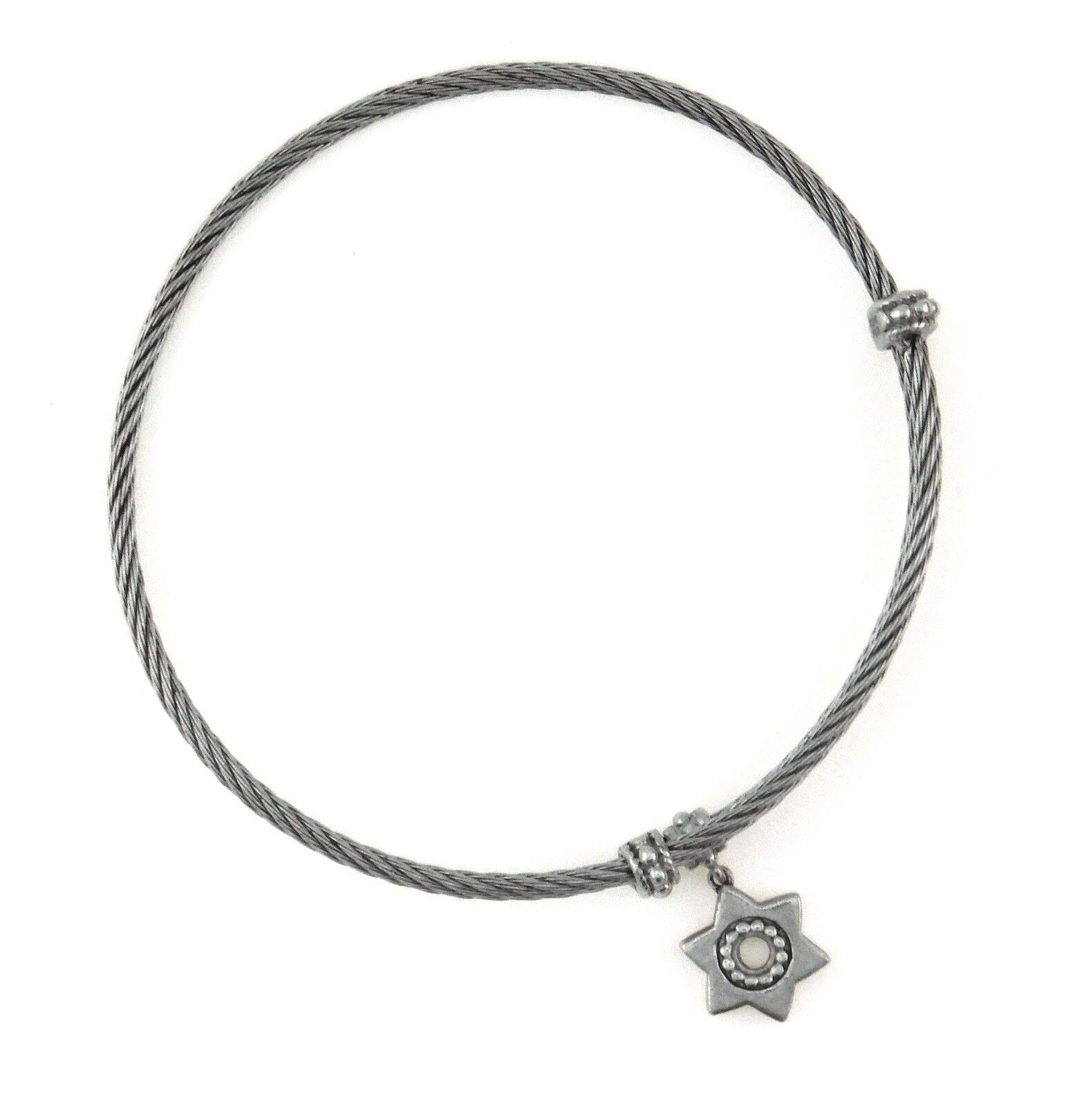 Gabriel & Co Twisted Cable Stainless Steel Bangle w Sterling Silver Star Charm