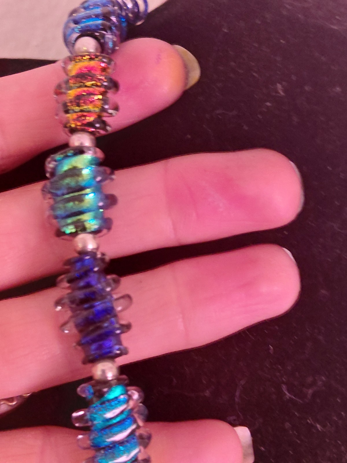 RARE: 1970 HANDMADE DICHROIC GLASS Disk Necklace-Heavy Solid Sterling Hardware