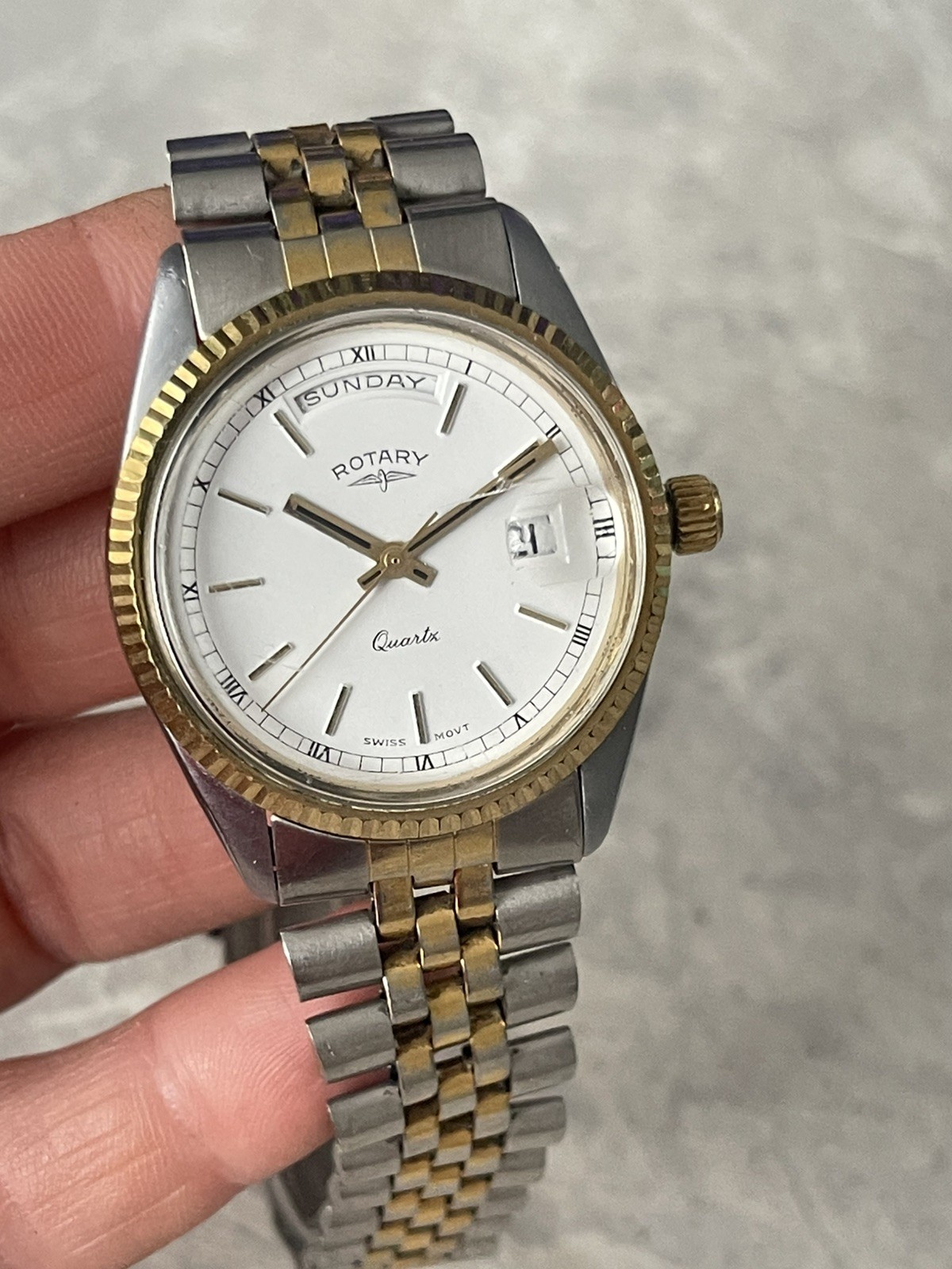 Rotary 3638 Two-tone Swiss Quartz Watch Bracelet Swiss Movt Day Date Men’s 1043