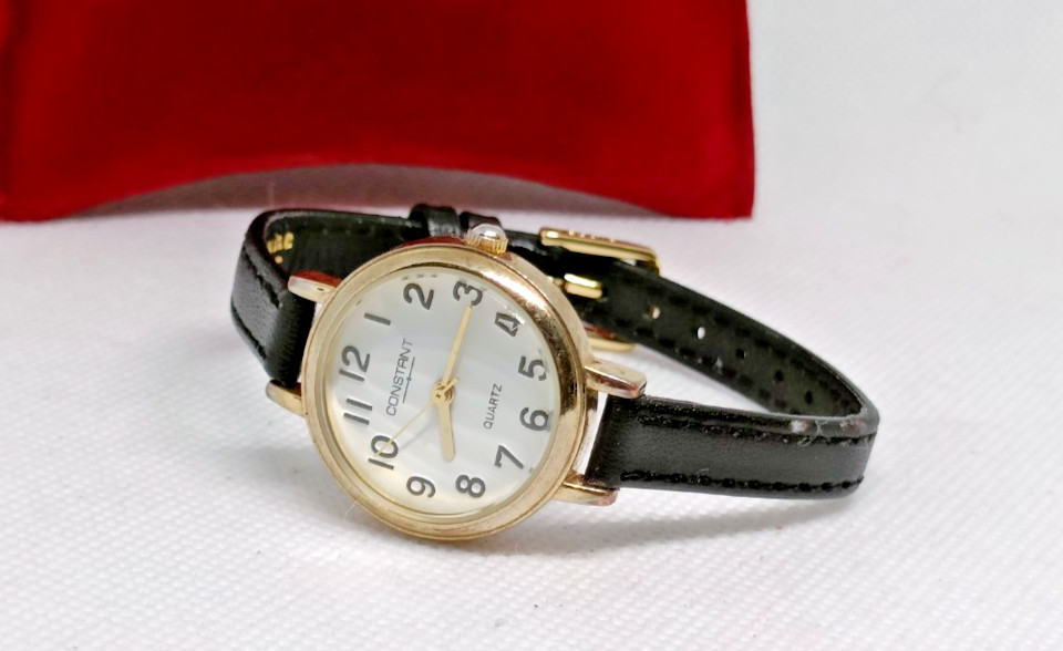 CONSTANT Women’s Gold Tone Black Leather Strap Quartz Watch – Working