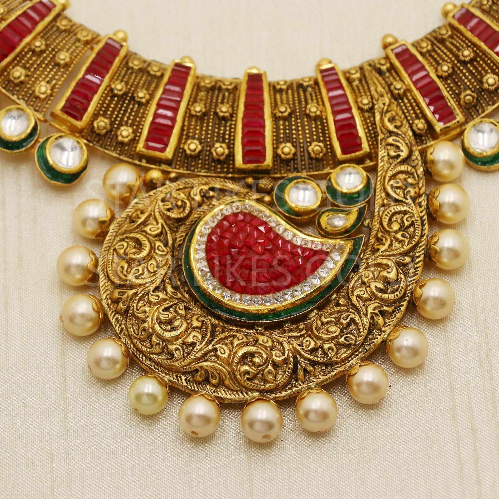 22K Gold Antique Kundan Ruby Glass Paisley Medallion Choker Necklace Set 70.4g