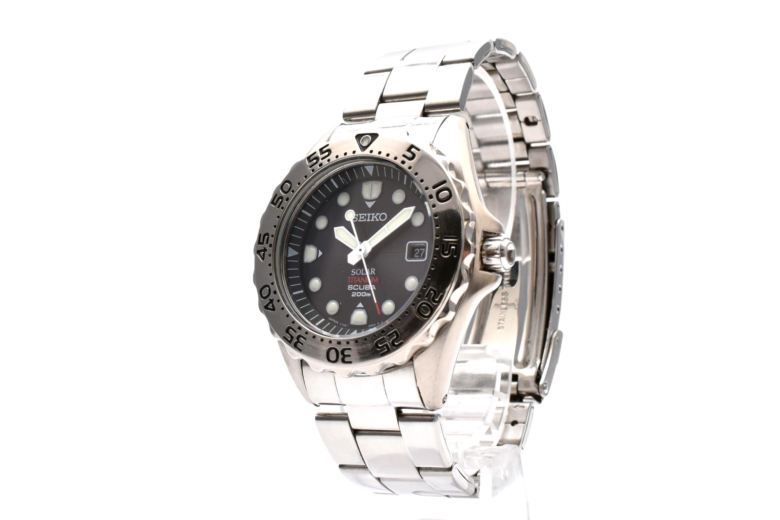 【Exc+5】 SEIKO V145-0AH0 Solar Titanium Vintage Black Dial Scuba 200m Men’s Watch