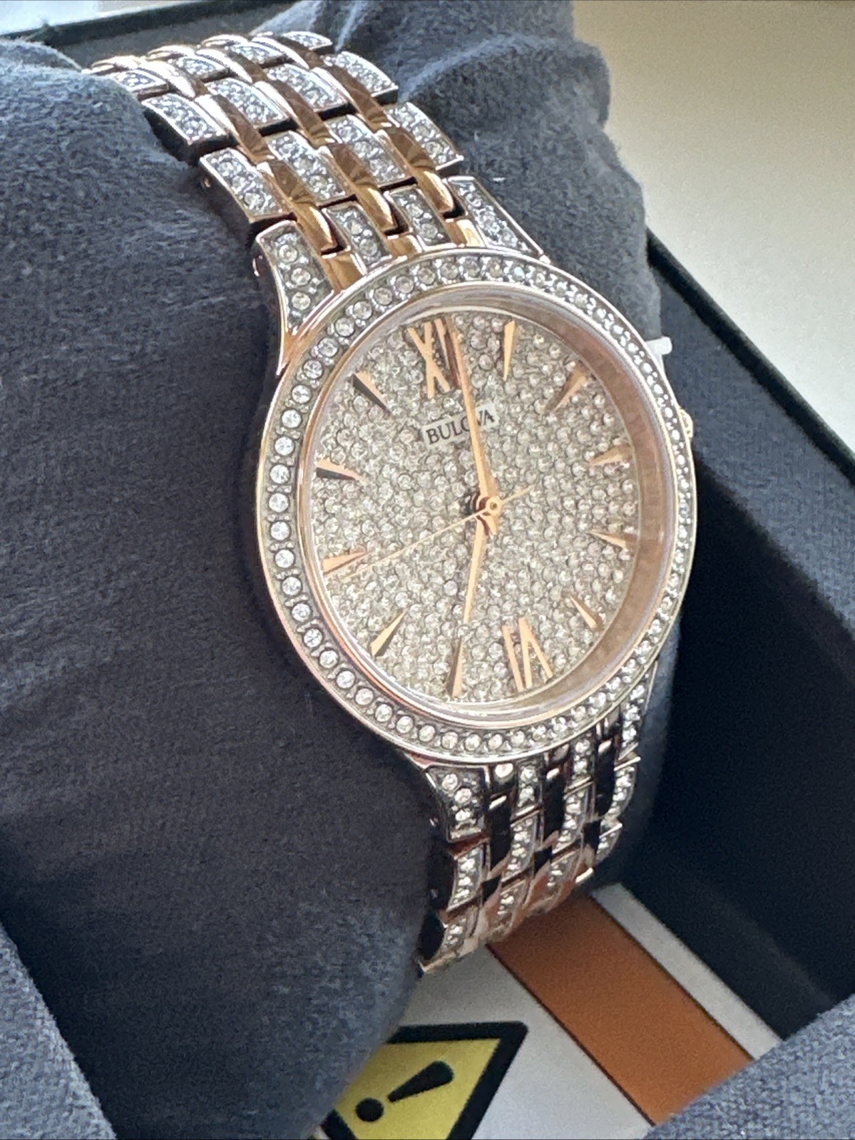 Bulova Quartz Women’s Pave Dial Crystals Rose Gold Watch 32mm 98L235