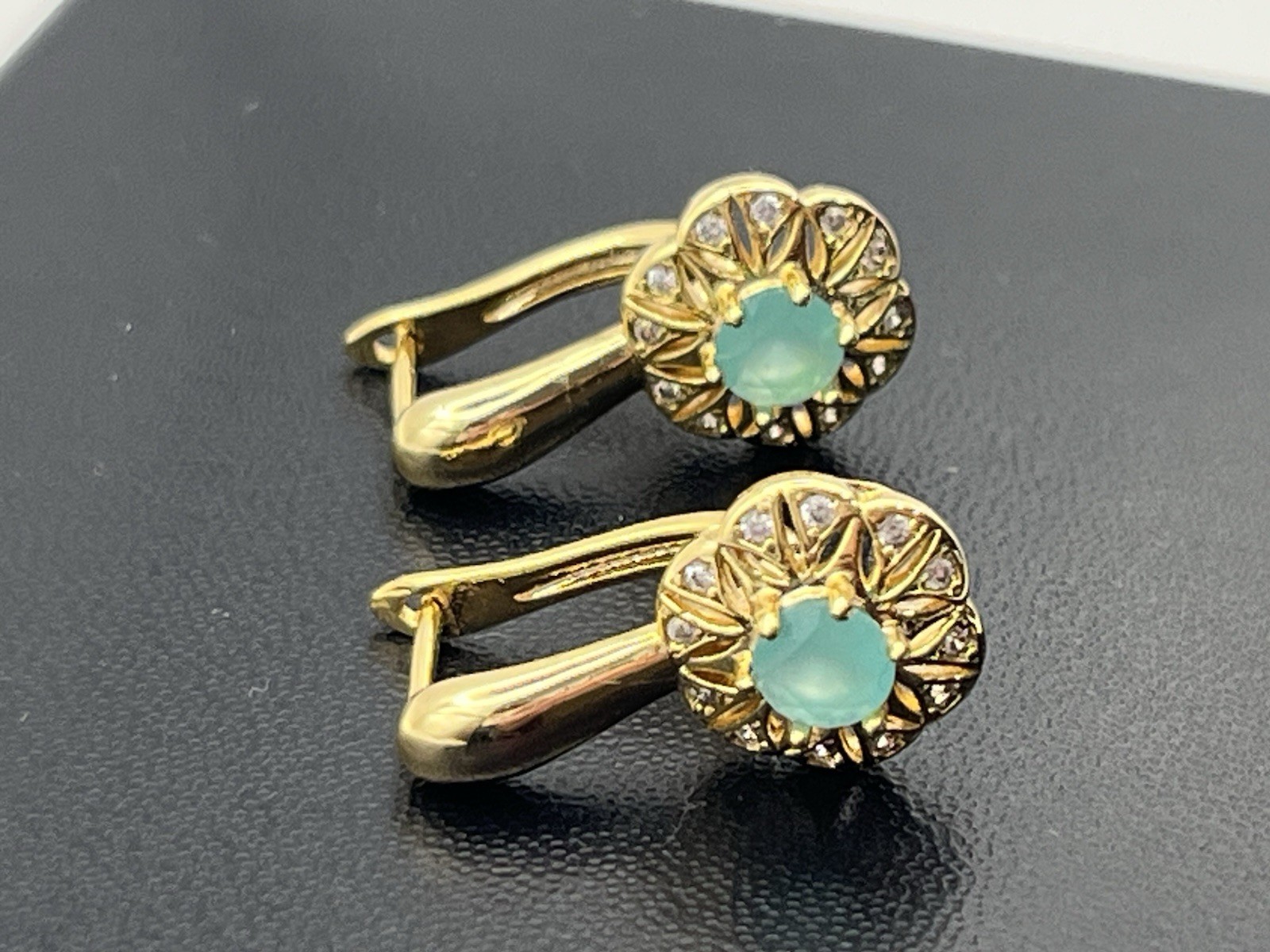 Pale blue green rhinestone gold tone flower cluster earrings