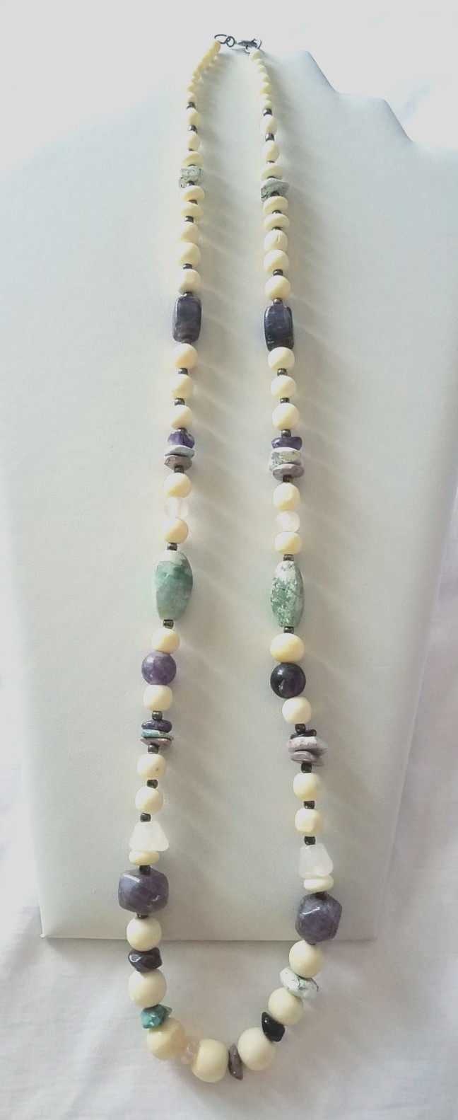 Vintage Multi Color Stone and Bovine Bead Necklace 28″ = DEAL