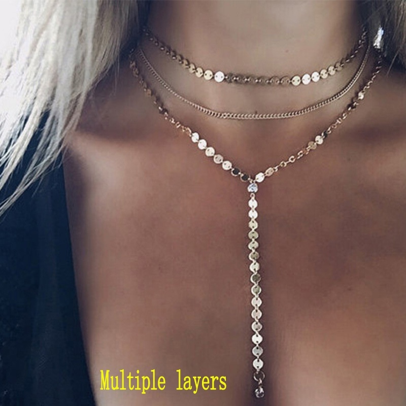 Multi-layer Goldplated Silver Sequins Choker Pendant Chain Necklace Accessories