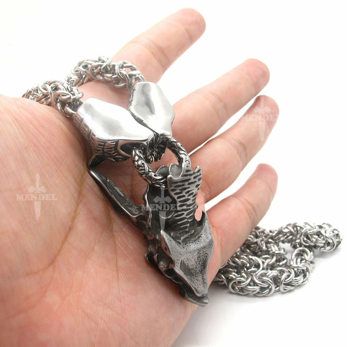 MENDEL Mens Stainless Steel Heavy Wolf Dragon Skull Pendant Necklace Vintage Men