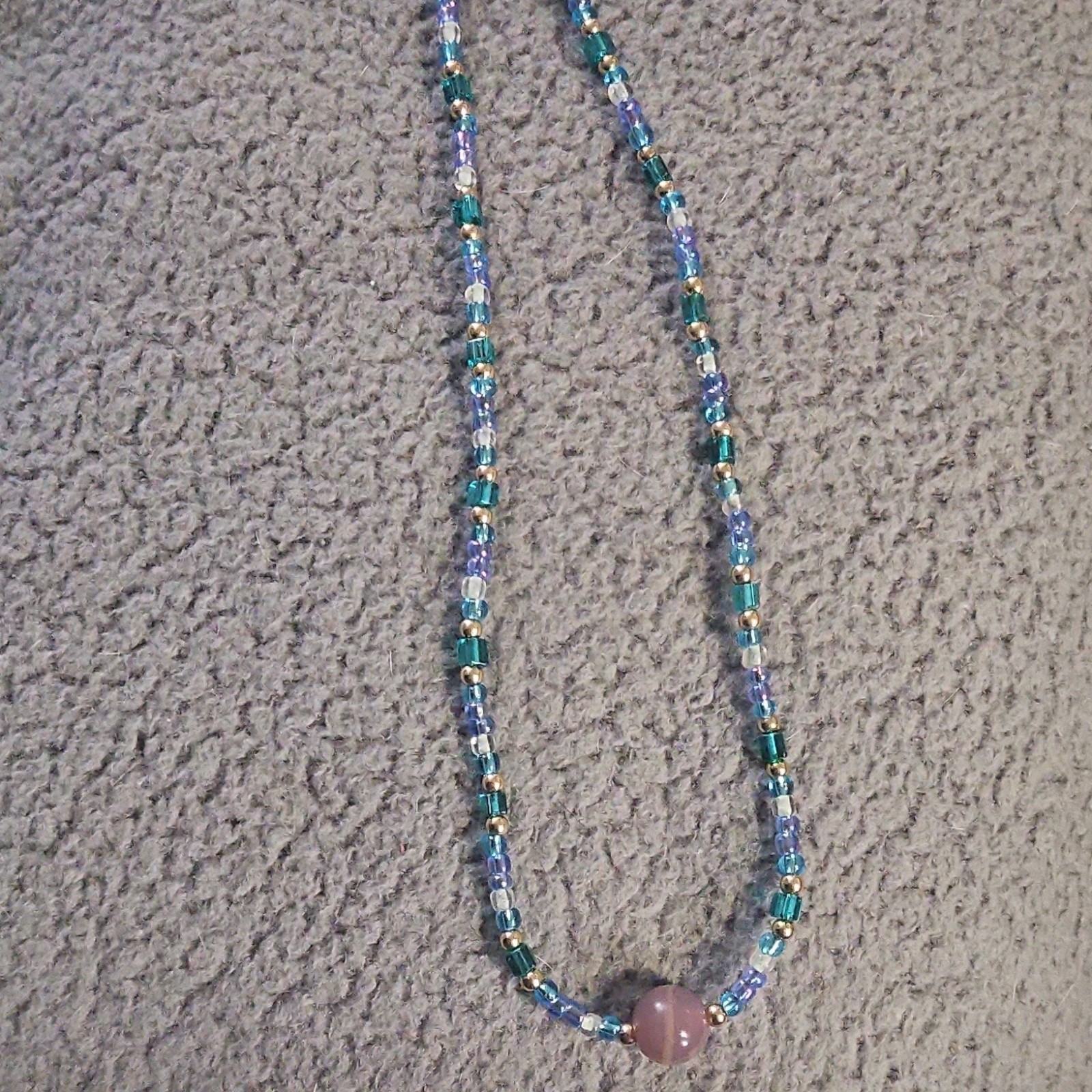 Beaded Necklace Blue Purple Gold Glass Round Pendant Tie Closure