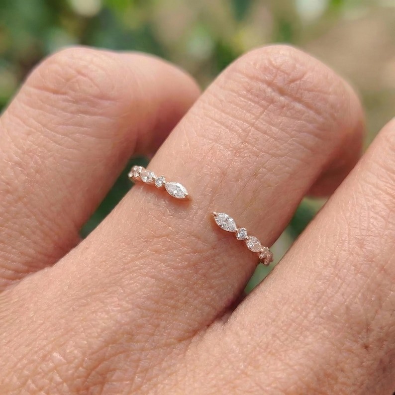 Marquise & Round Cut Moissanite 14K Gold Open Cuff Wedding Band, Gift For Her