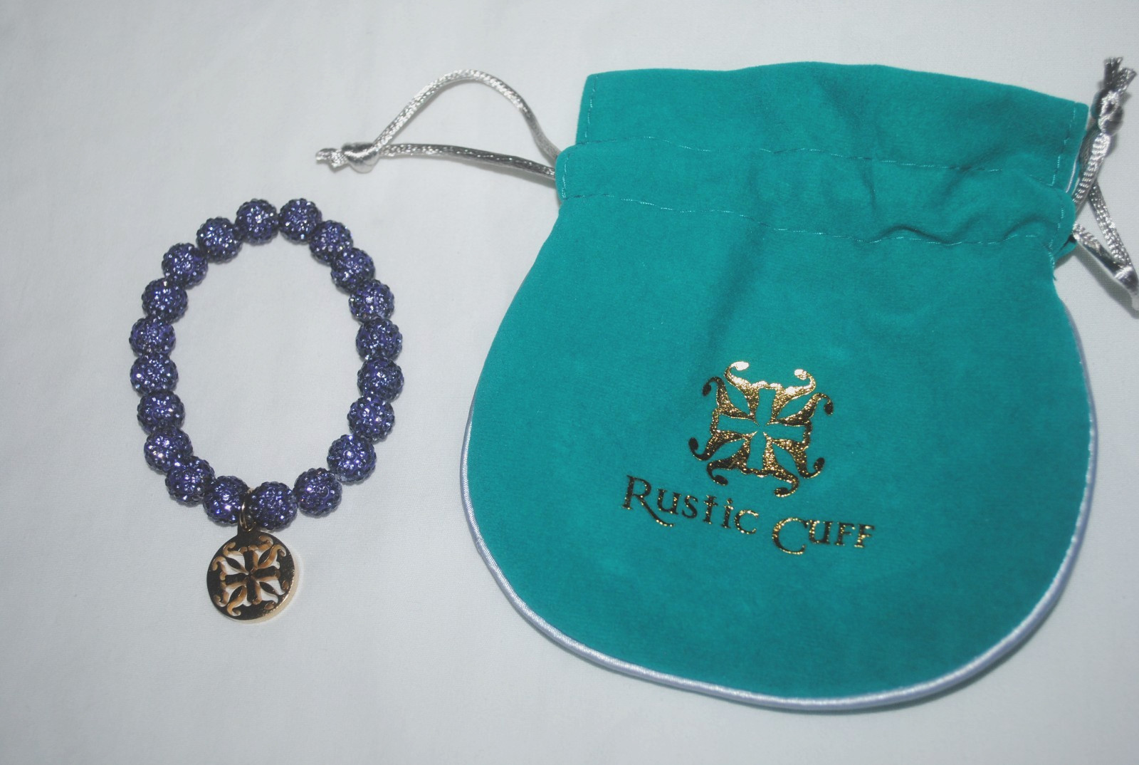 Rustic Cuff bracelet, purple sparkling beads, goldtone charm dangle, w/RC bag