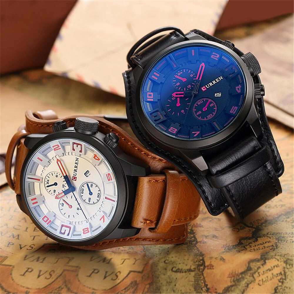 CURREN Men Quartz Watch Large Dial Fashion Leather Male Military Wristwatch Gift