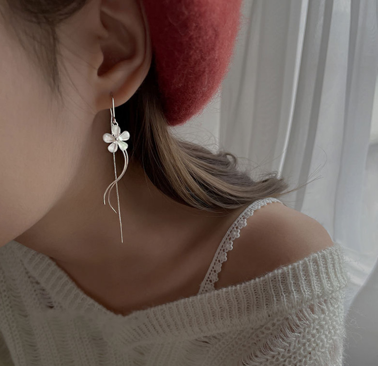 Silver Plated Flower Dangle Drop Pull Through Tassel Threader Earrings PE48