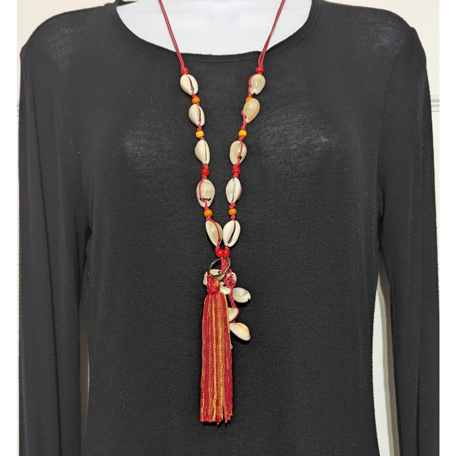 MIA Collection Cowrie Shell Tassel Long Necklace Red Cord Adjustable Boho Women
