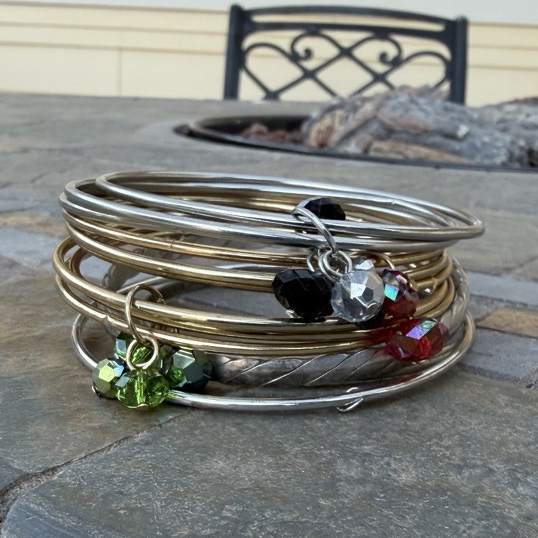 Set of 6 Stackable Gold & Silver Tone Bangle Charm Bracelets w/ Crystal Dangles