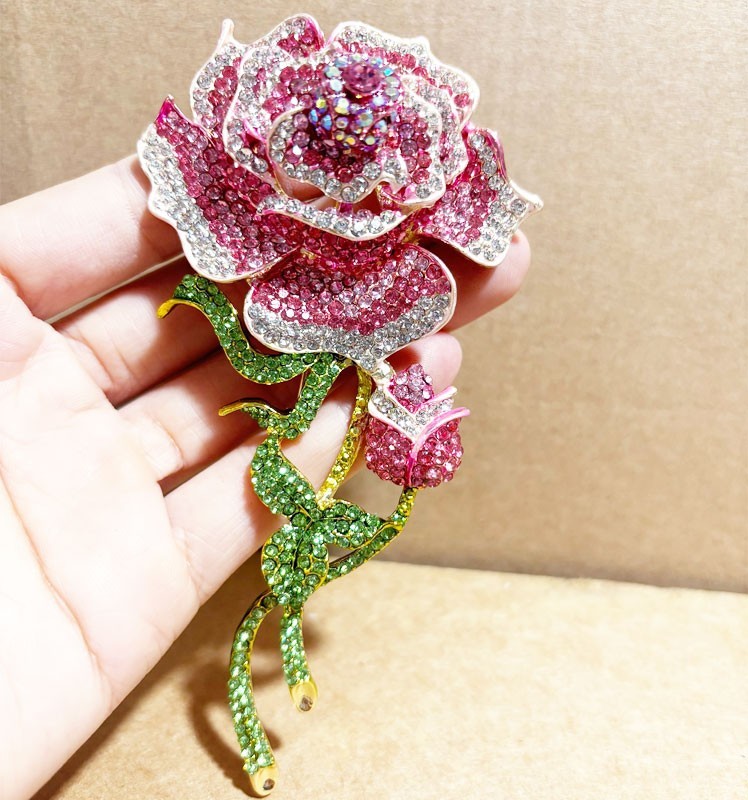 Fashionable Jewelry Rose Bud Gold-tone Pink Rhinestone Crystal Brooch Pin