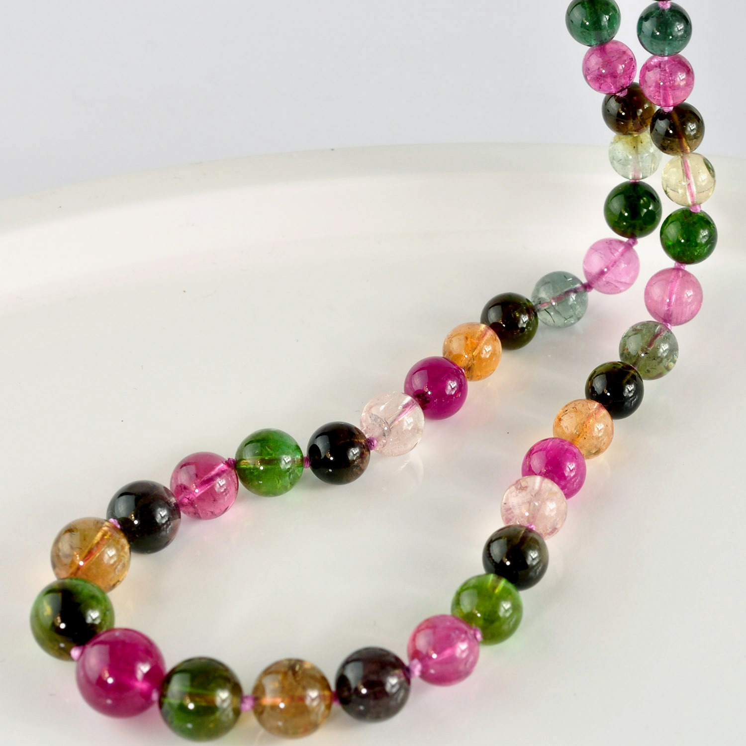 6.2mm-10.7mm Tourmaline Smooth Round Globe Bead Necklace 14K Diamond clasp