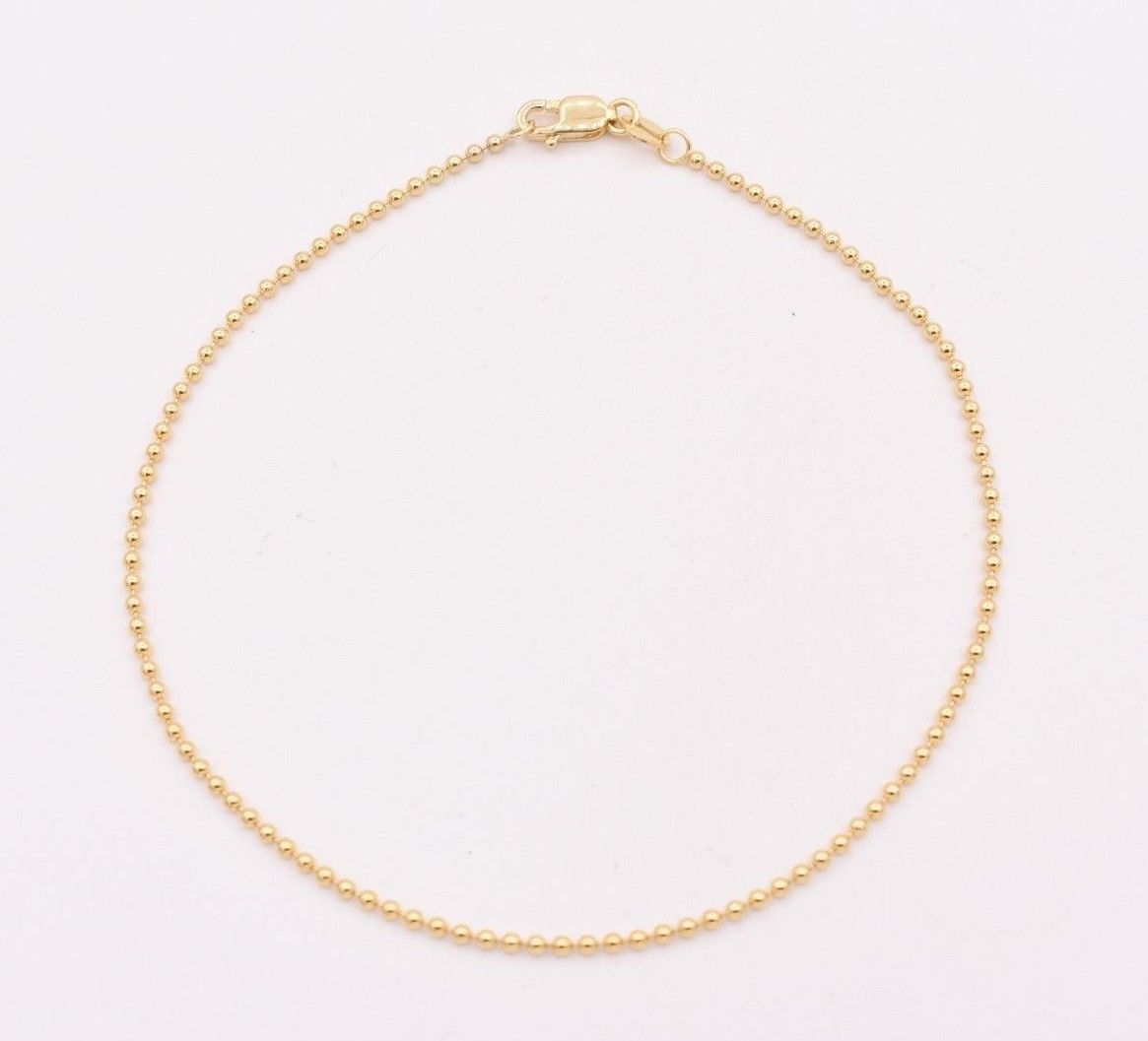 1.5mm Round All Shiny Plain Bead Ball Chain Bracelet Real Solid 14K Yellow Gold