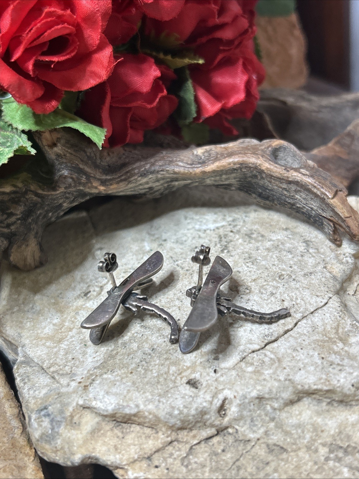 47. Vintage Sterling 925 DRAGONFLY Detailed Stud Earrings 30mm x 25mm, 8g