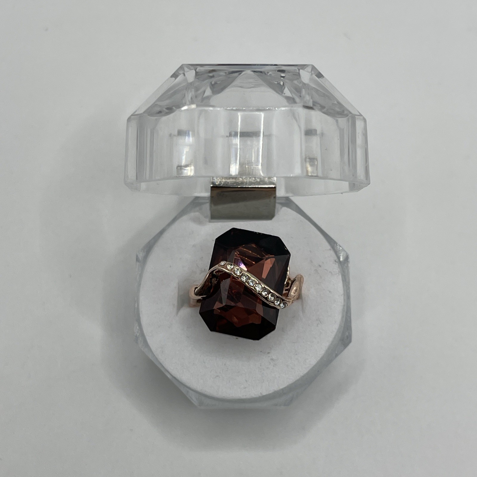 Rose Gold Filled Octagon Brown Cognac Wine Rhinestone Wave Wavy Ring Size 6.25