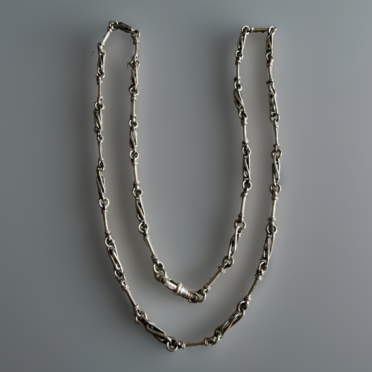 Antique German 800 Silver Twist & Bar Double Watch Chain, 29” 30g