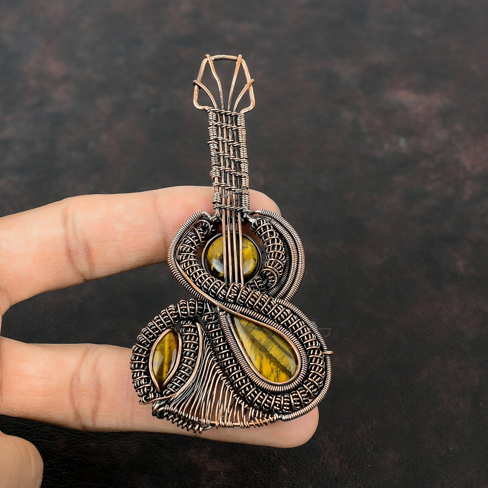 Tiger’S Eye Copper Gift For Friend Wire Wrapped Guitar Pendant 4.06″
