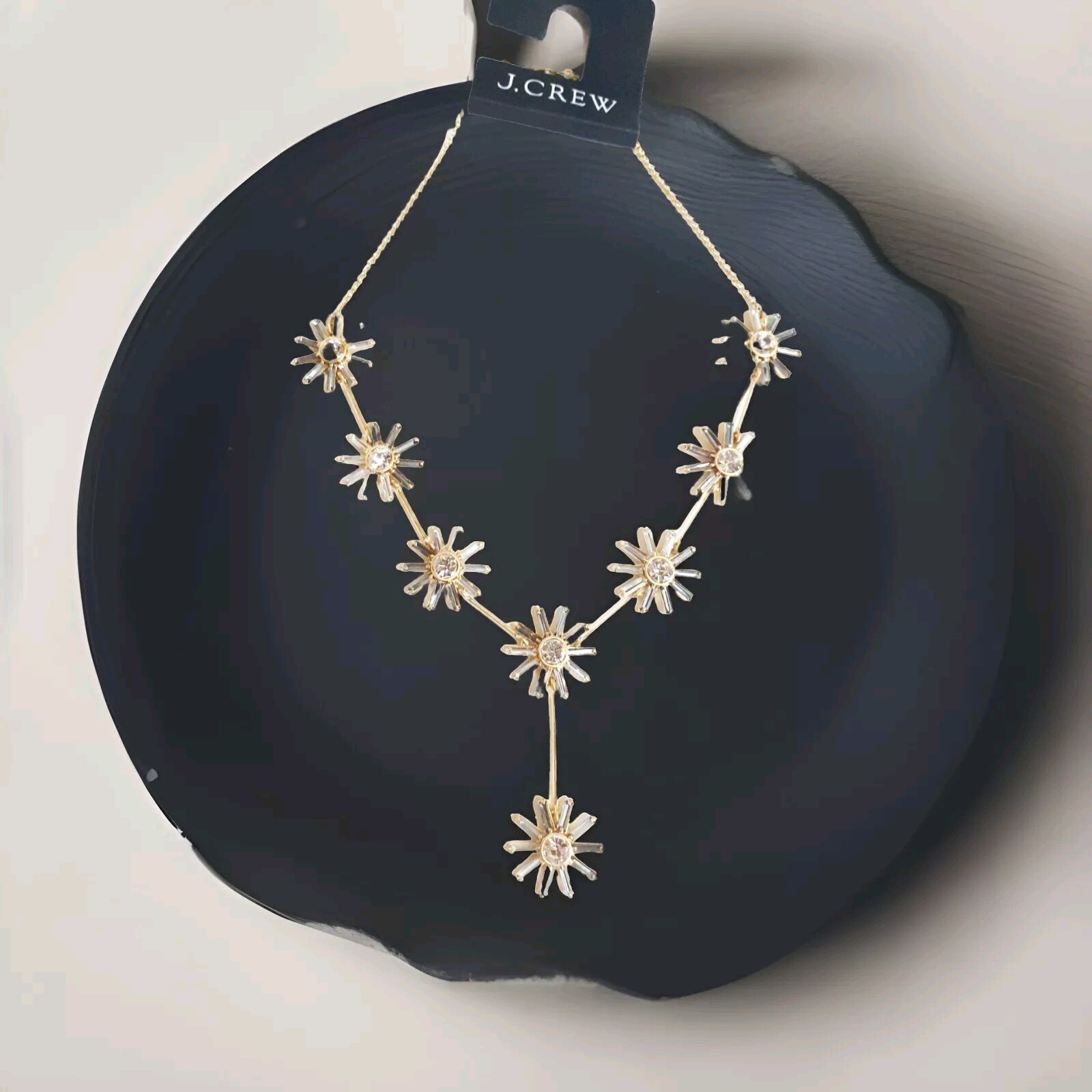 J.Crew Colorblock Crystal Flower Necklace in Black Diamond Gold Plated Brass NWT