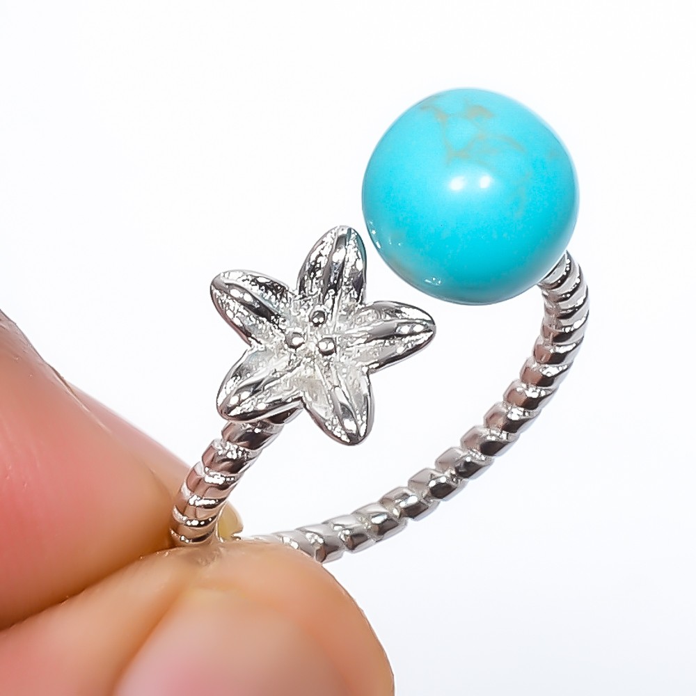Copper Blue Turquoise Gemstone 925 Silver Plated Flower Ring Adst (R17)