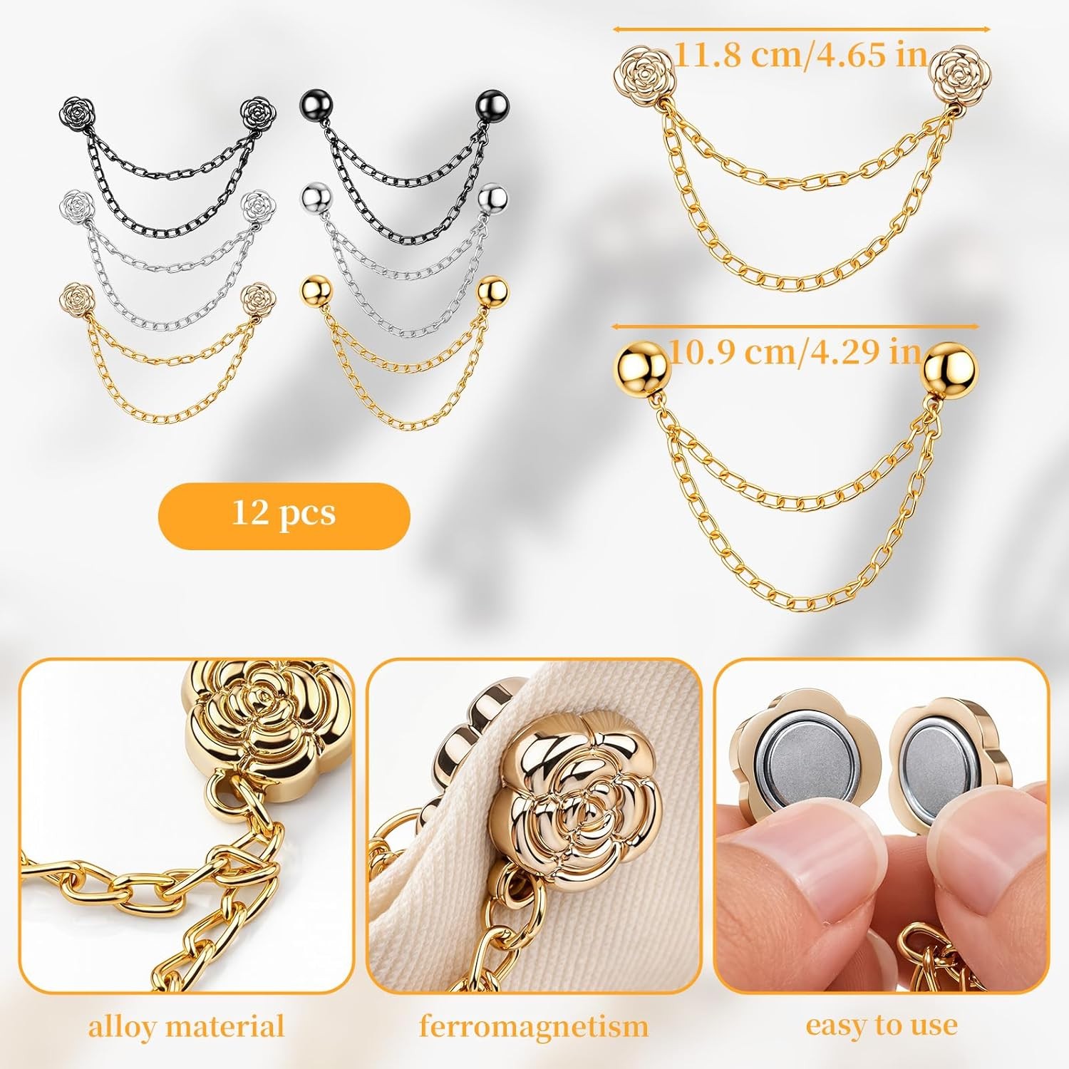 12 Pack Magnetic Clothing Clips Pinless Hijab Shirt Clip Chain No Damage Buttons