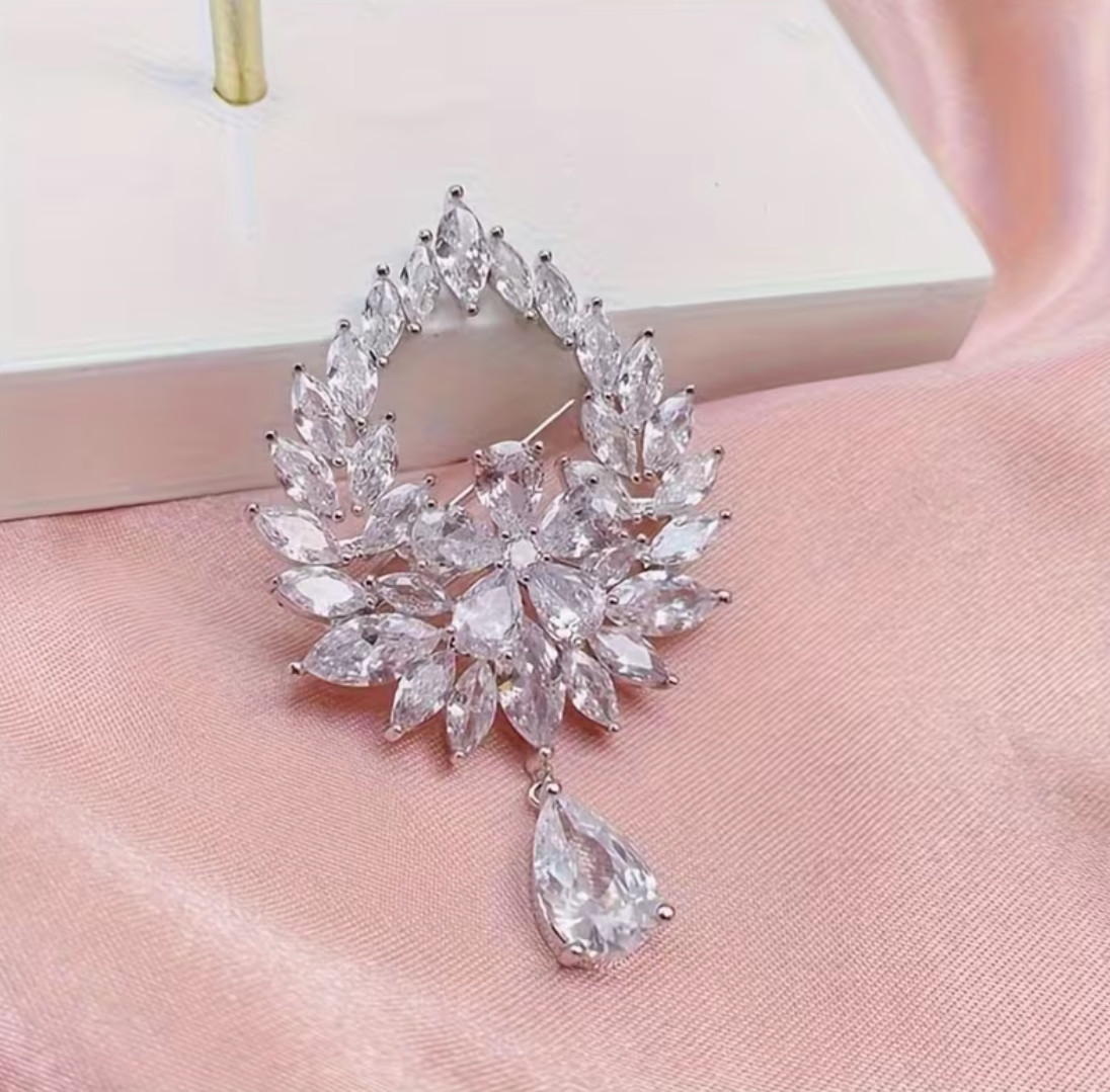 Crystal Rhinestone Floral Wreath Brooch Pear Drop Dangle Silver Glam Pin SPARKLE