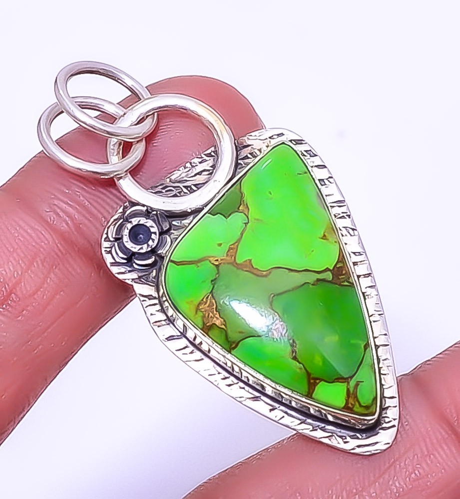 Copper Green Turquoise Gemstone 925 Sterling Silver Handmade Pendant 1.95″ A330