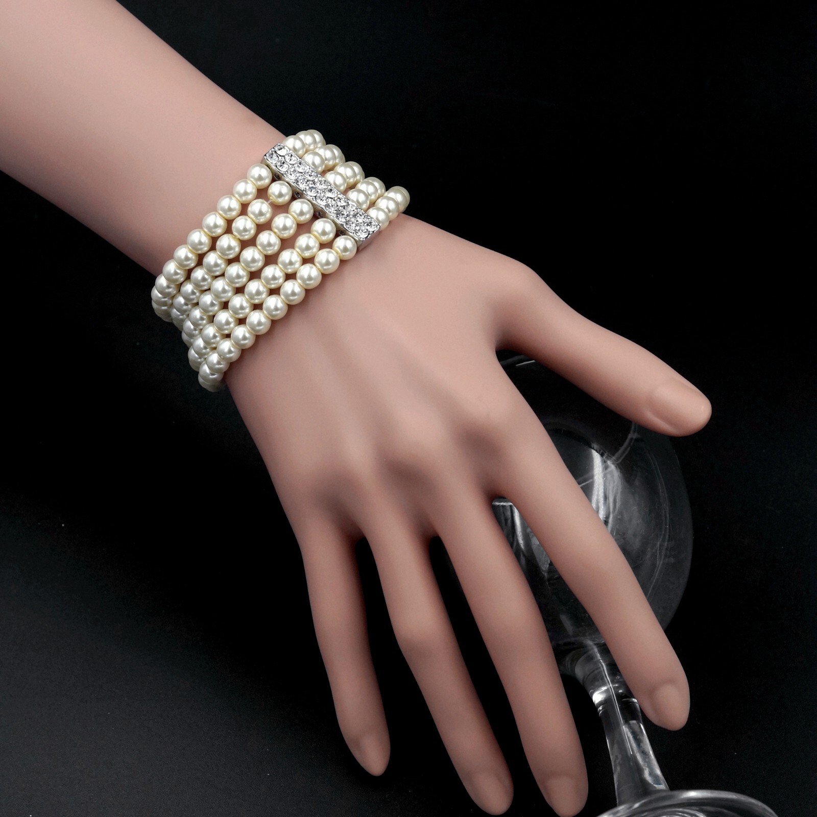Women Gorgeous Cream White Glass pearl Multi-Strand Stretch Bracelet Crystal 168