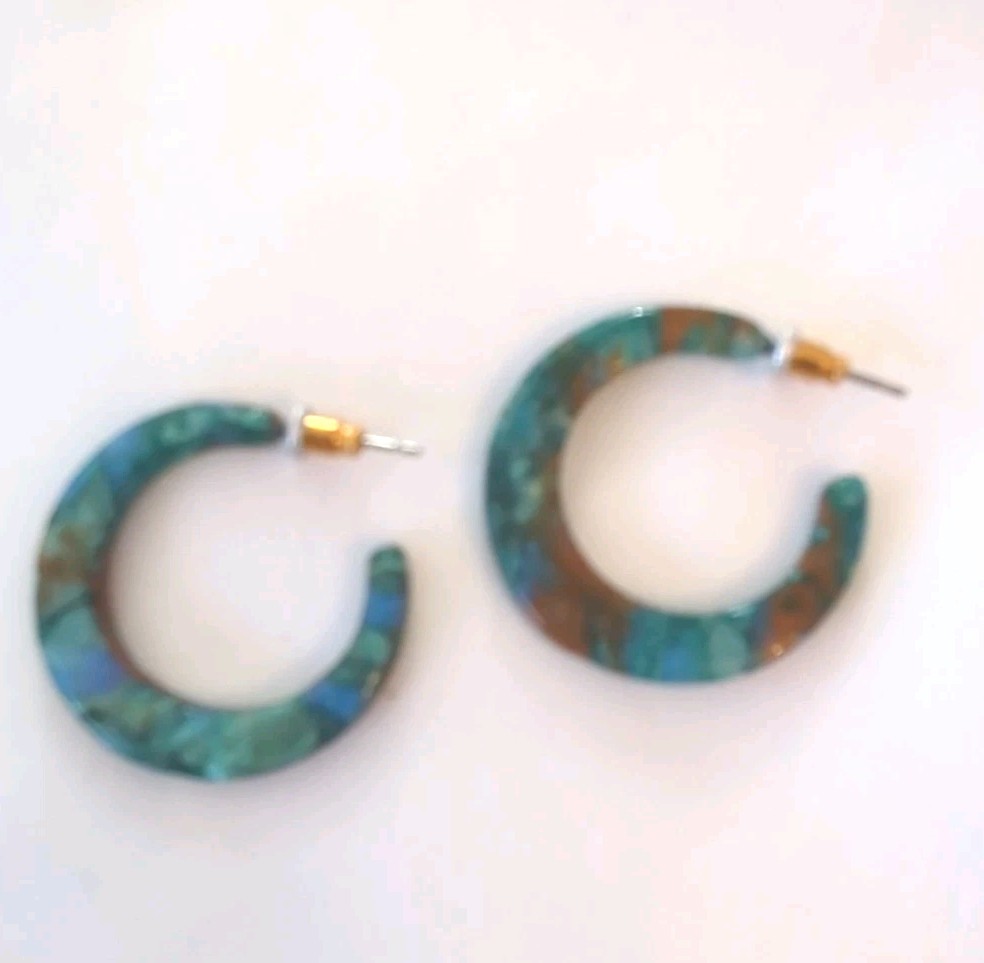 Resin Half Hoop Earrings For Pierced Ear Lobes Blue Plus Brown & Green Hues
