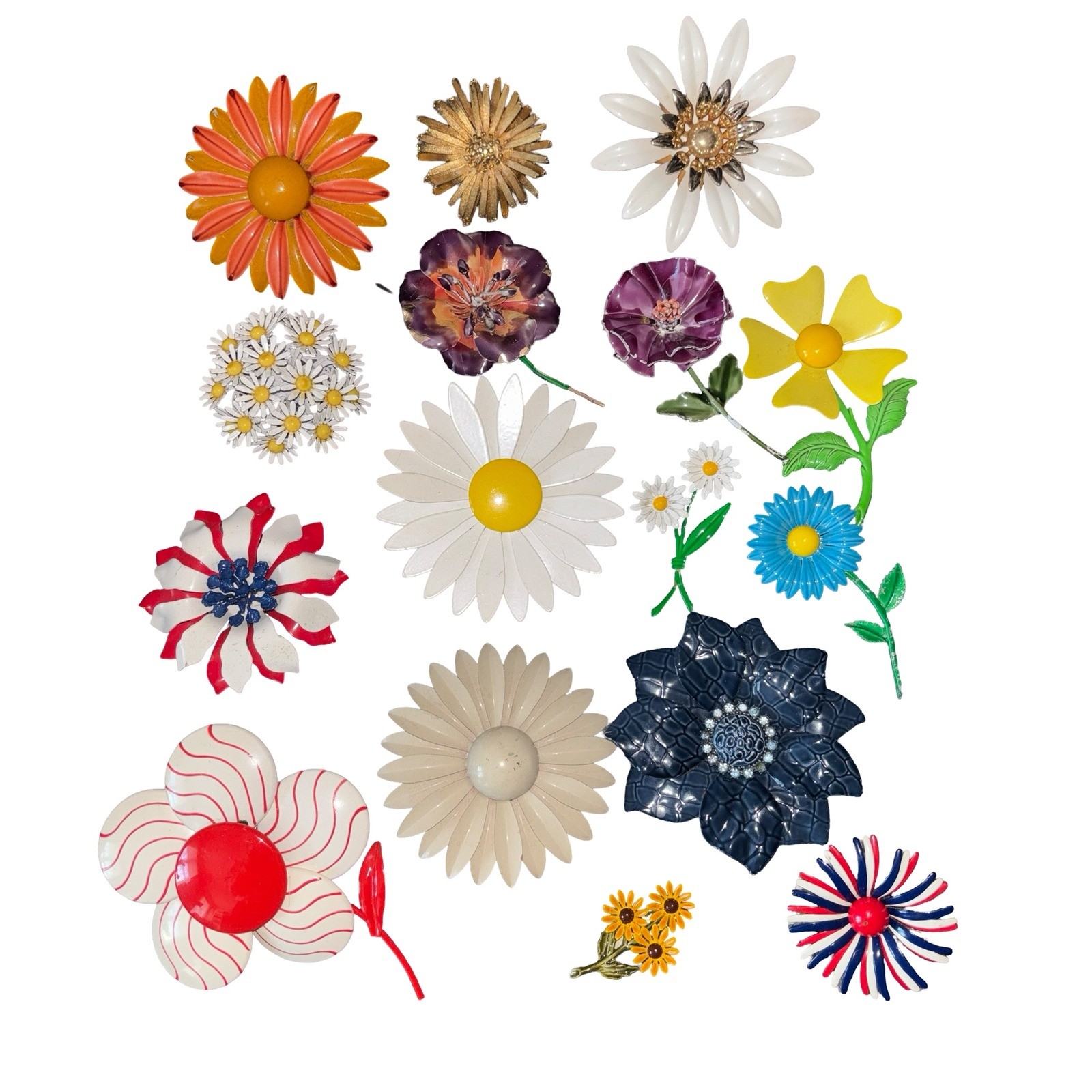 16 Vintage Flower Power Enamel Metal Brooch Pin Lot Retro 60s 70s