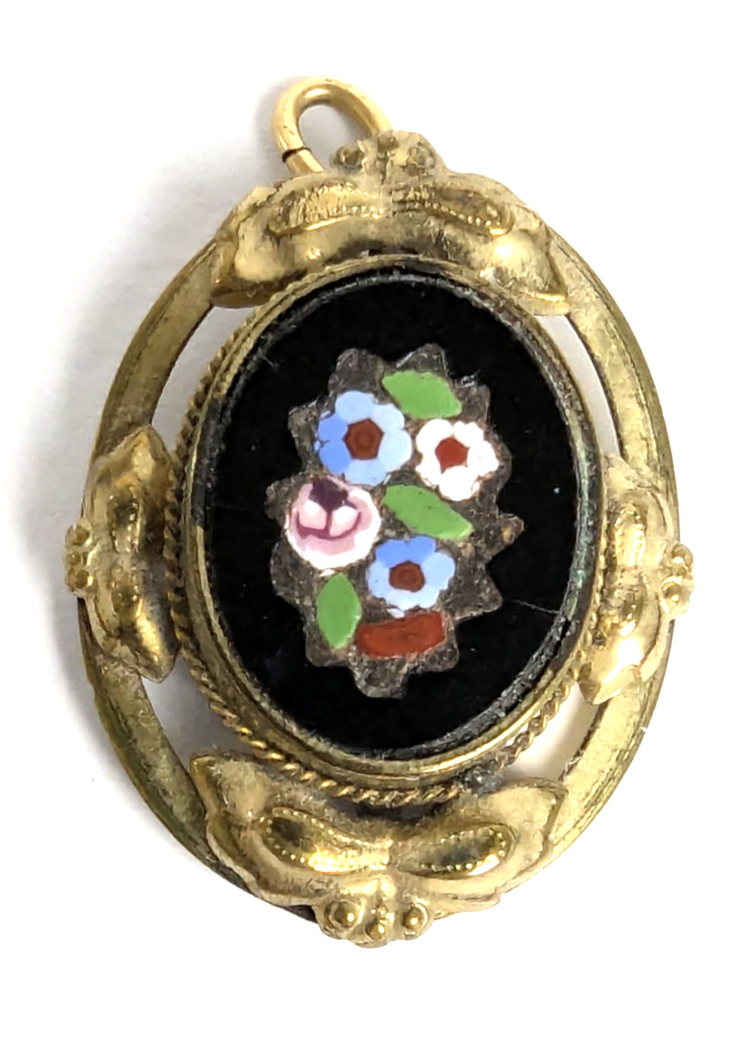 Antique Italian Pietra Dura Mosaic Inlay Floral Pendant Gold Filled Mounting
