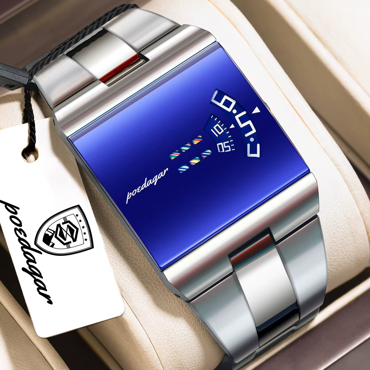 Men’s Watch Stainless Steel Quartz Waterproof Rectangle Luxury Stylish POEDAGAR