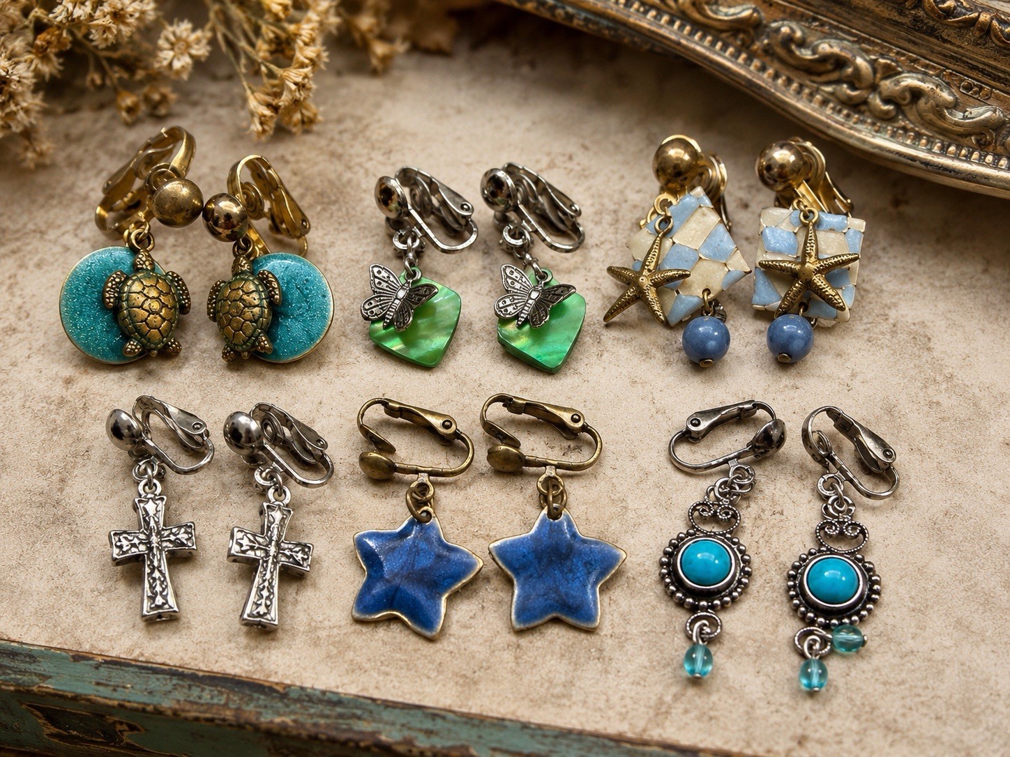 6 Pair Vintage Clip On Earrings Lot Enamel Shell Turquoise Blue-Green Boho Stone