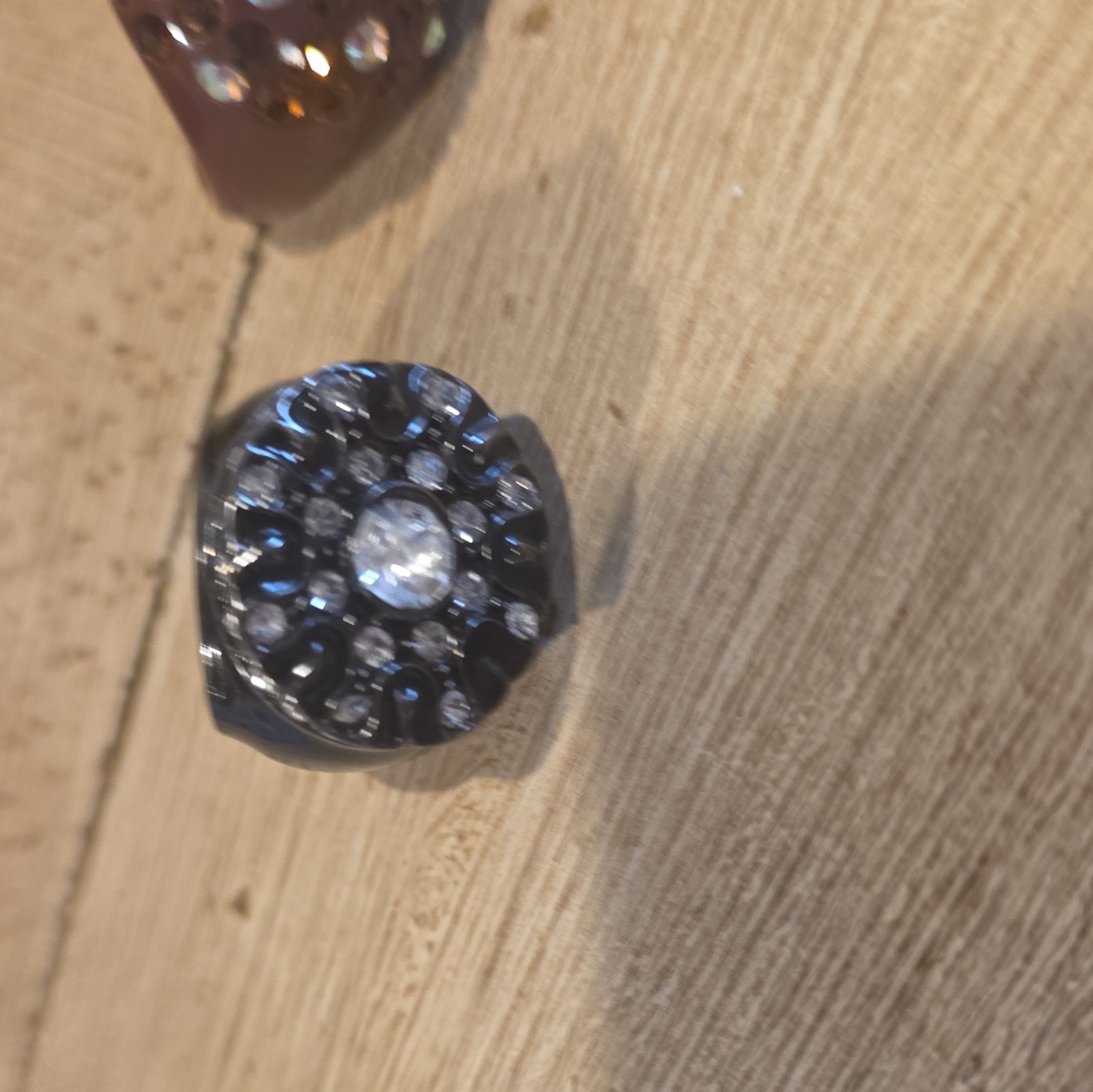 Silver & Black Metal Cocktail Ring Clear Round Rhinestone Accents