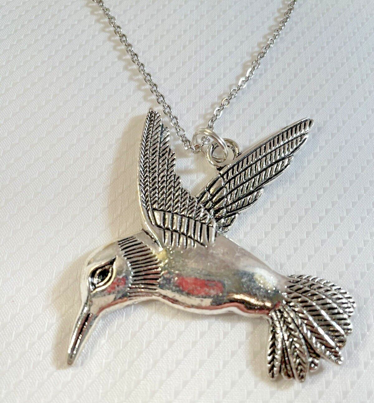 Hummingbird Silver Necklace 30” Stainless Statement Jewelry Bird Gif NEW