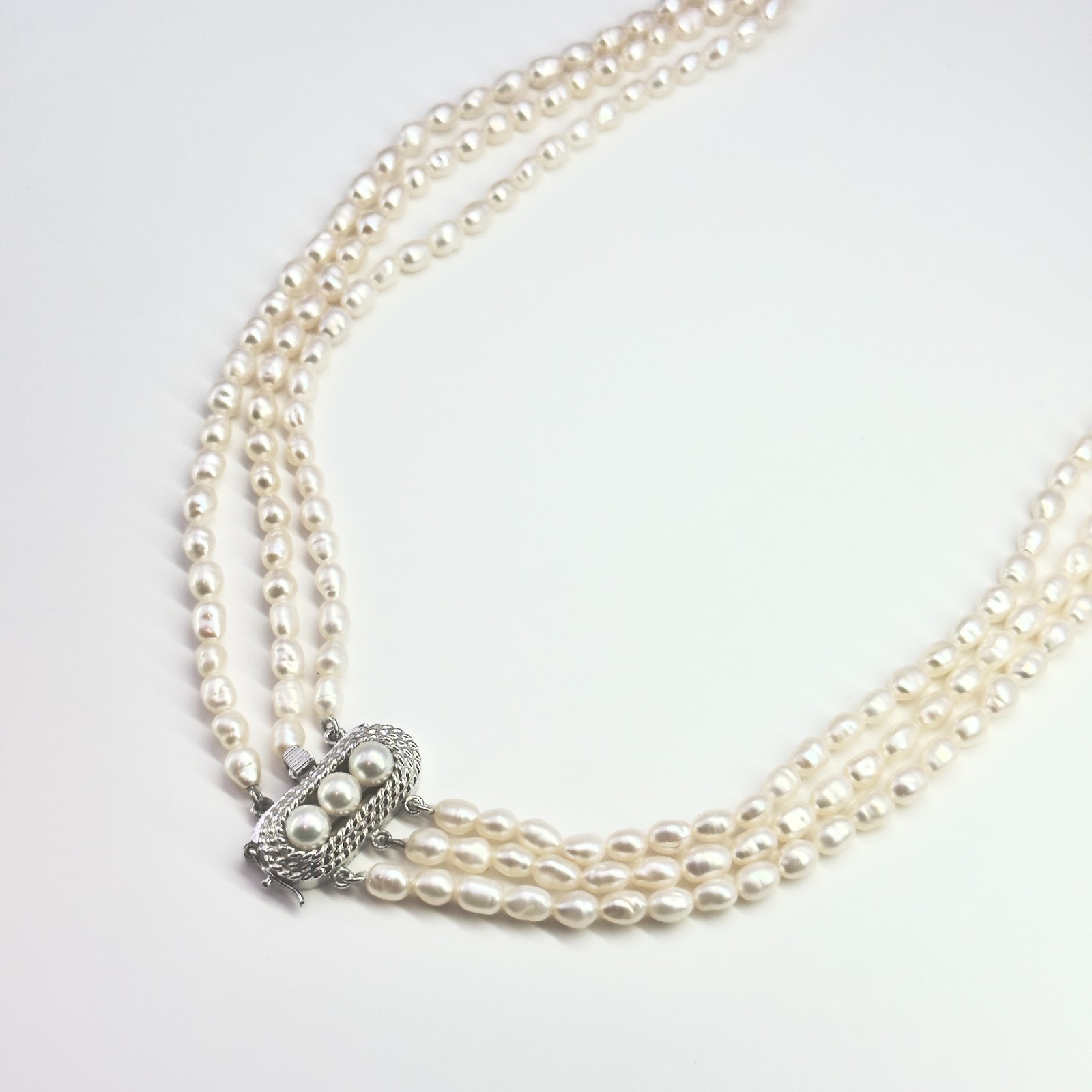 TASAKI Baroque Rice Pearl 3-Strand Necklace Silver SV 55cm 21.6″ No Box Japan
